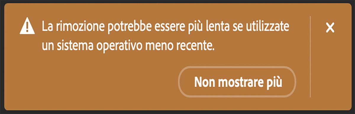 Finestra di dialogo visualizzata in Photoshop quando l'utente utilizza lo strumento Rimuovi in un computer con hardware che soddisfa i requisiti minimi