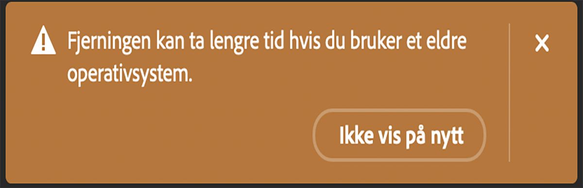 Dialogboksen som vises i Photoshop når brukeren bruker Fjern-verktøyet på en datamaskin med maskinvare som oppfyller minimumskravene