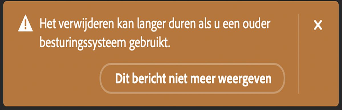 Dialoogvenster dat wordt weergegeven in Photoshop wanneer de gebruiker de tool Verwijderen gebruikt op een computer met hardware die voldoet aan de minimale vereisten