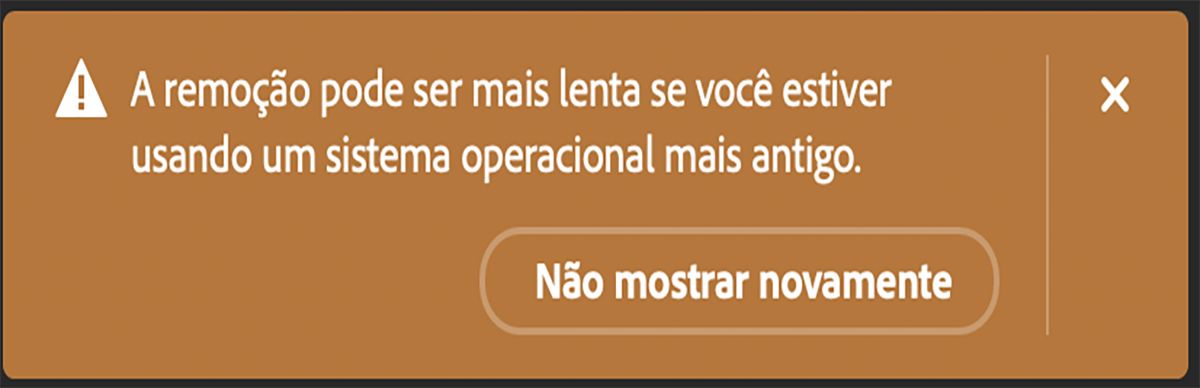 Caixa de diálogo exibida no Photoshop quando o usuário usa a ferramenta Remover em um computador com o hardware que atende aos requisitos mínimos