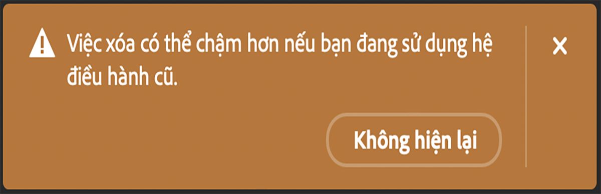 Hộp thoại hiển thị trong Photoshop khi người dùng sử dụng công cụ Xóa trên máy tính có phần cứng đáp ứng các yêu cầu tối thiểu
