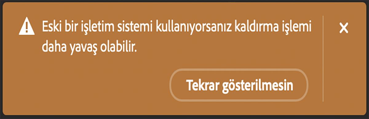 Kullanıcı, minimum gereksinimleri karşılayan donanıma sahip bir bilgisayarda Kaldır aracı kullanırken Photoshop'ta görüntülenen iletişim kutusu