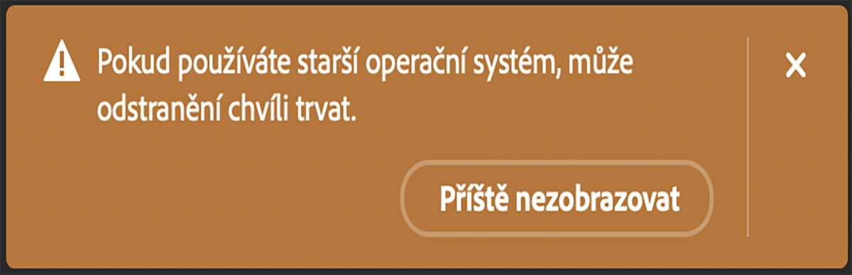 Dialogové okno, které se v aplikaci Photoshop zobrazí při použití nástroje Odebrat v počítači s hardwarem splňujícím minimální požadavky