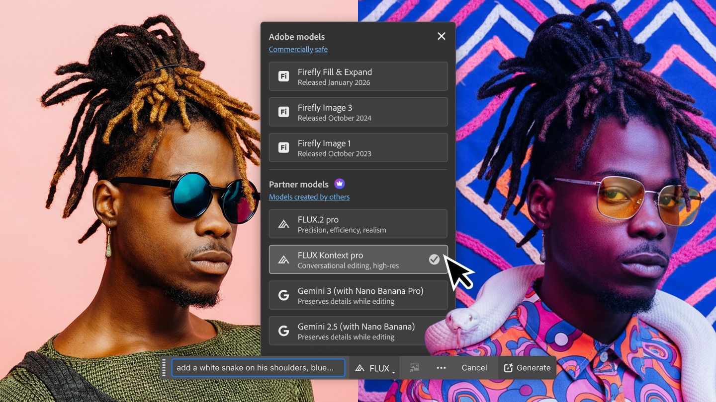 편집 전후의 같은 남성을 나란히 보여주는 세로 사진입니다. Photoshop의 모델 선택기 패널에 Firefly Fill & Expand(beta), Firefly Image 3, Firefly Image 1, FLUX.2 pro, FLUX Kontext Pro, Gemini 모델을 포함한 AI 모델 옵션이 표시됩니다.