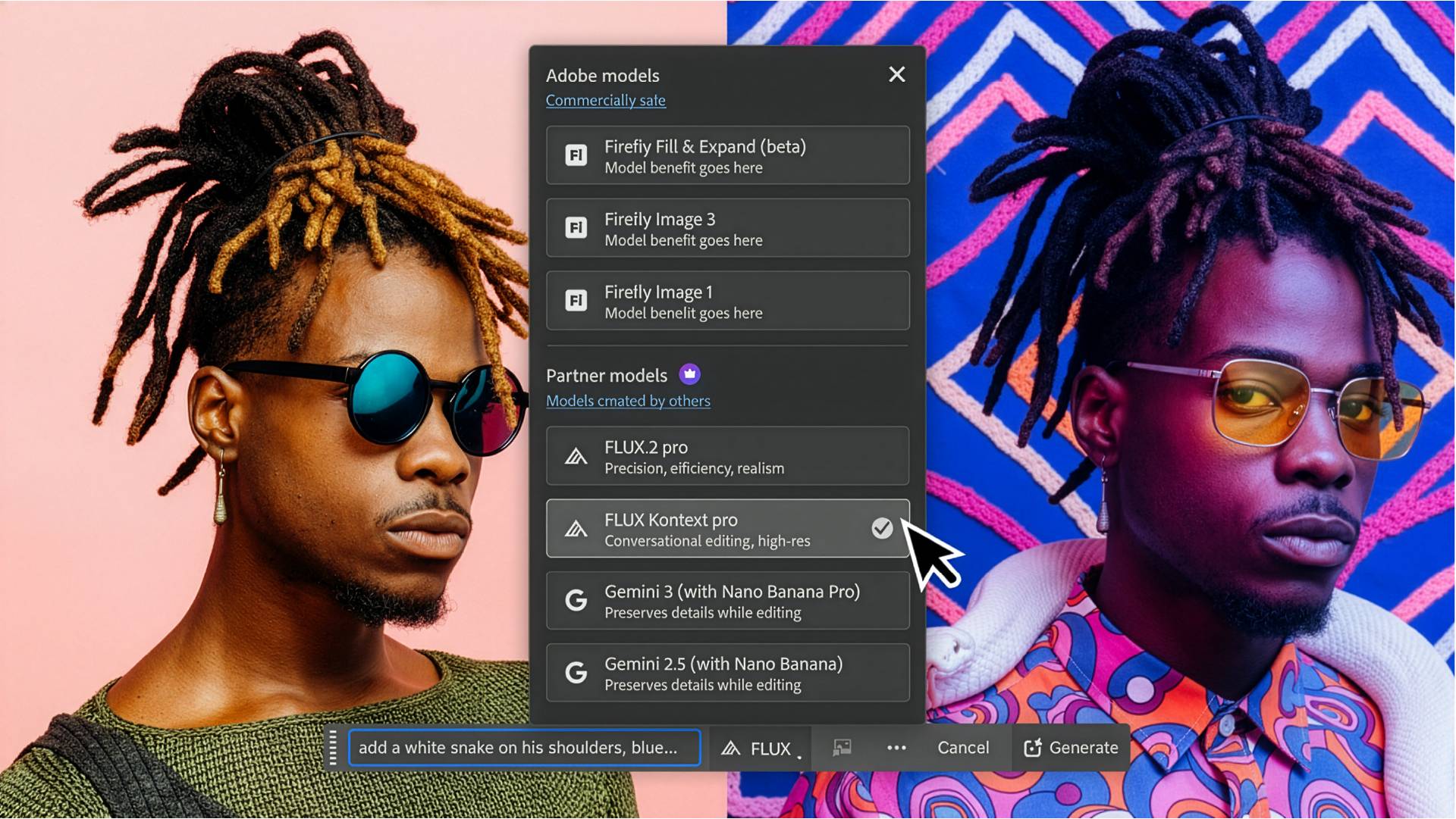 Nebeneinander liegende Hochformat-Aufnahmen desselben Mannes vor und nach der Bearbeitung.Das Modellauswahl-Bedienfeld in Photoshop zeigt KI-Modell-Optionen einschließlich Firefly Füllen und Erweitern (Beta), Firefly Image 3, Firefly Image 1, FLUX.2 pro, FLUX Kontext Pro und Gemini-Modelle.
