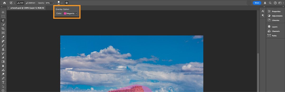 Mengubah warna lapisan alat Kuas Seleksi dari bar opsi