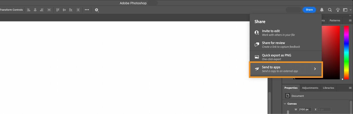 De knop Delen in Photoshop bevat vier opties voor het delen van feedback: Uitnodigen om te bewerken, Delen voor revisie, Snel exporteren als PNG en Verzenden naar apps.