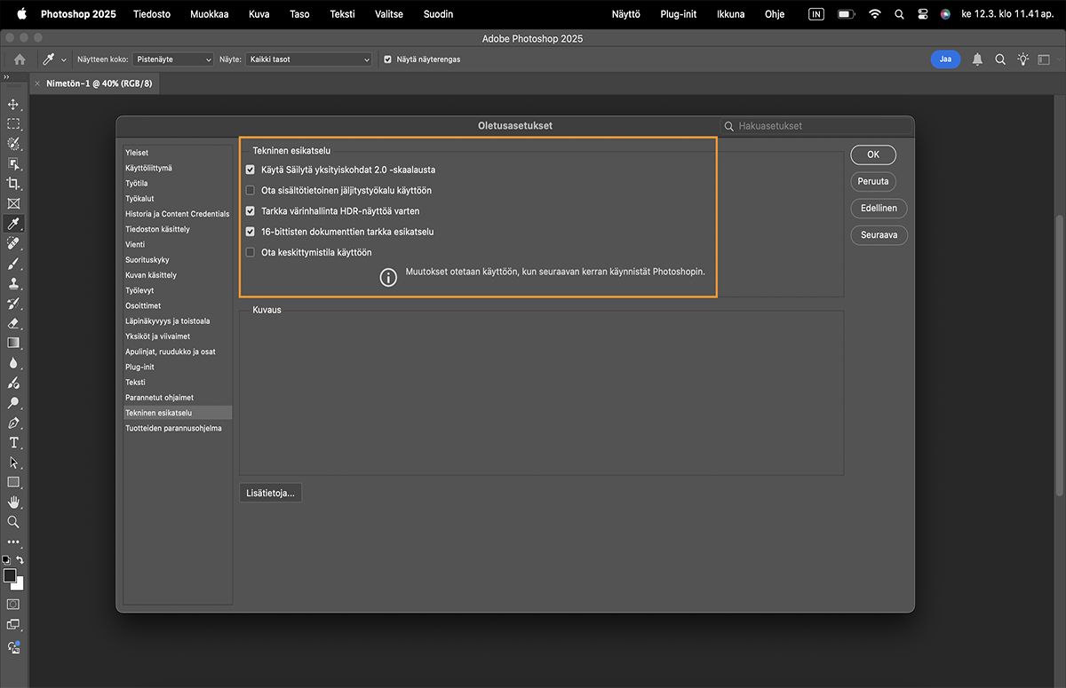 Photoshopin tekniset esikatselut