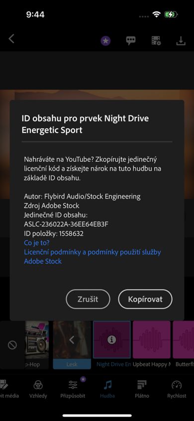 Snímek obrazovky s tlačítkem Kopírovat, které do schránky vloží ID obsahu