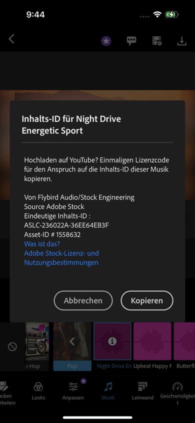 Bildschirmfoto mit der Schaltfläche &quot;Kopieren&quot;, die für die Inhalts-ID in die Zwischenablage eingefügt wird