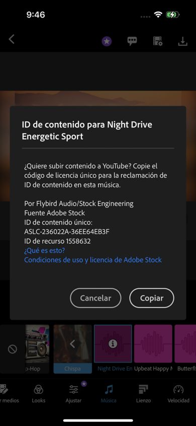 Captura de pantalla que muestra el botón Copiar que pegará el ID de contenido en el portapapeles