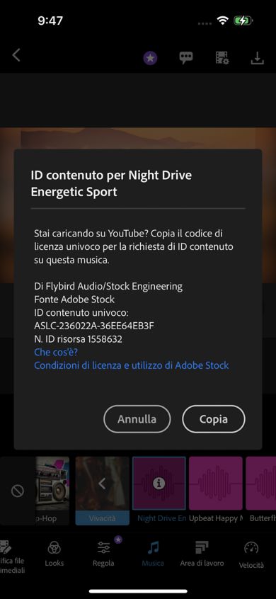 Schermata con pulsante copia utilizzato per incollare Content ID negli appunti