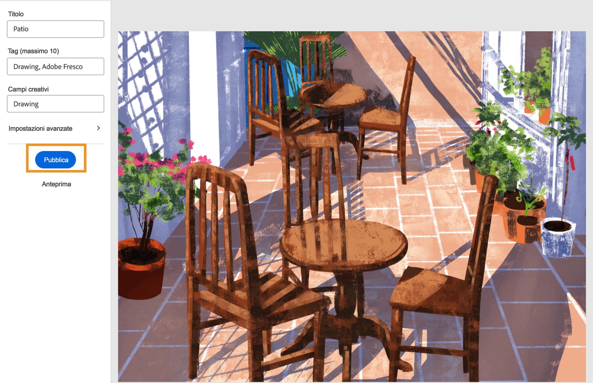 Schermata Editor di progetti Behance: tocca “Pubblica”