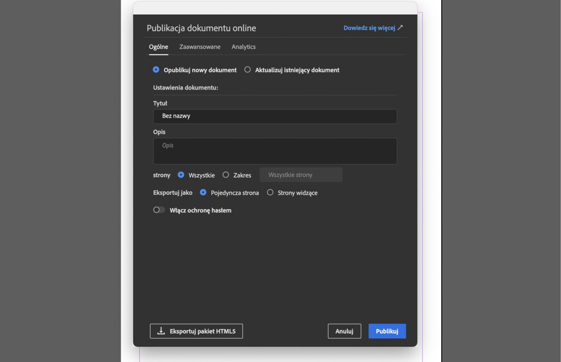 Okno dialogowe funkcji Publikacja elektroniczna