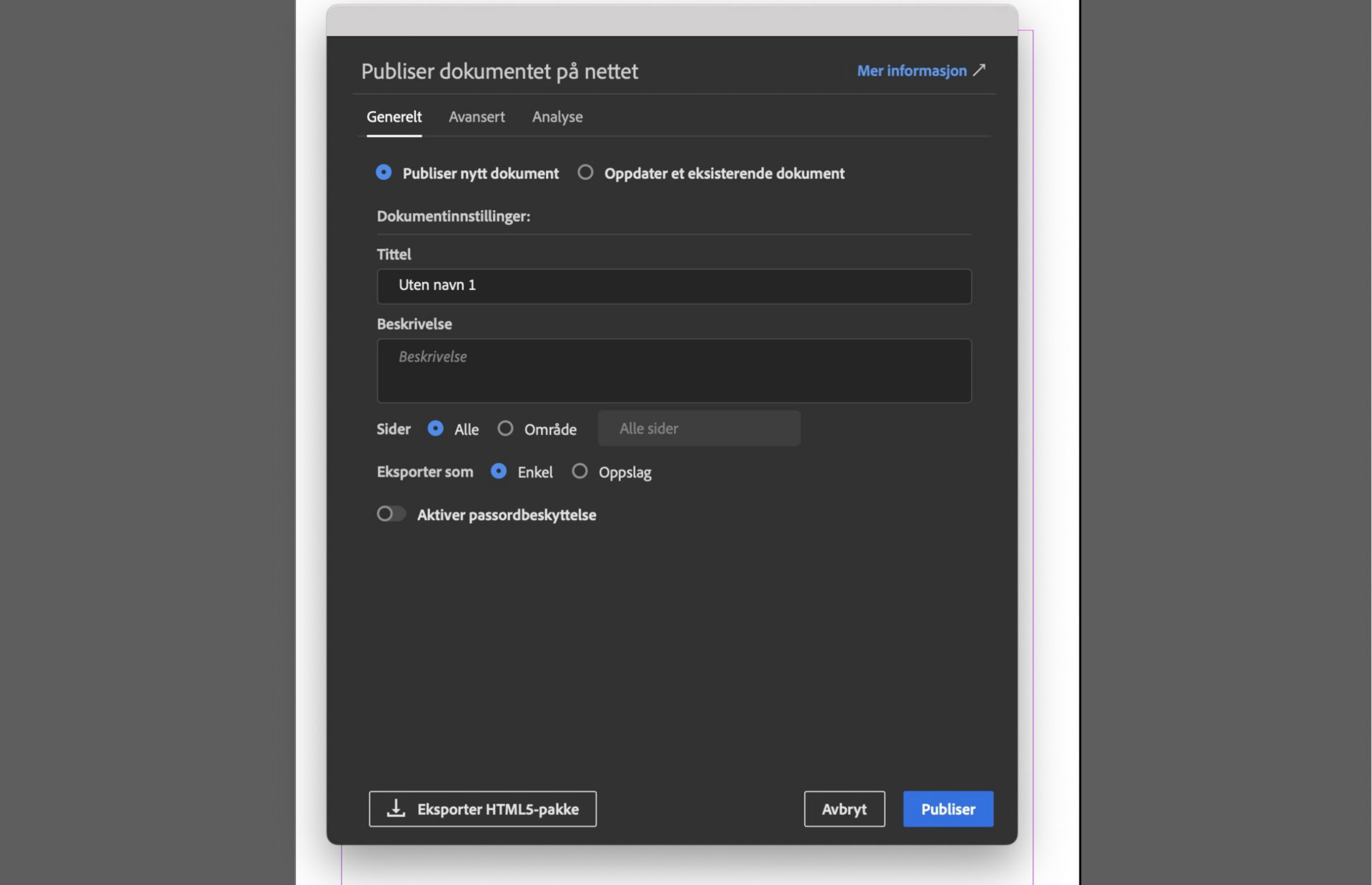 Dialogboksen Publish Online