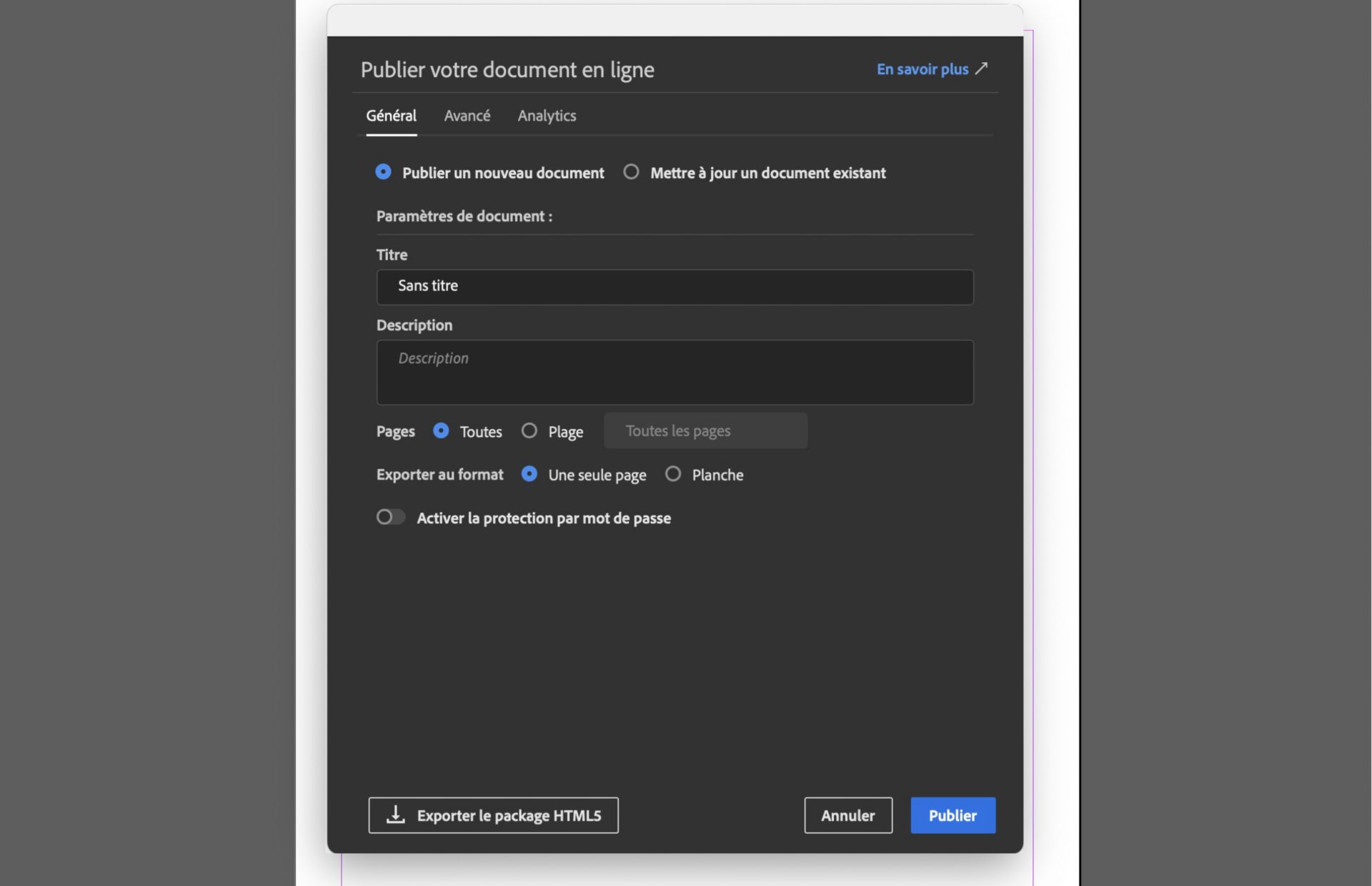 Boîte de dialogue Publish Online