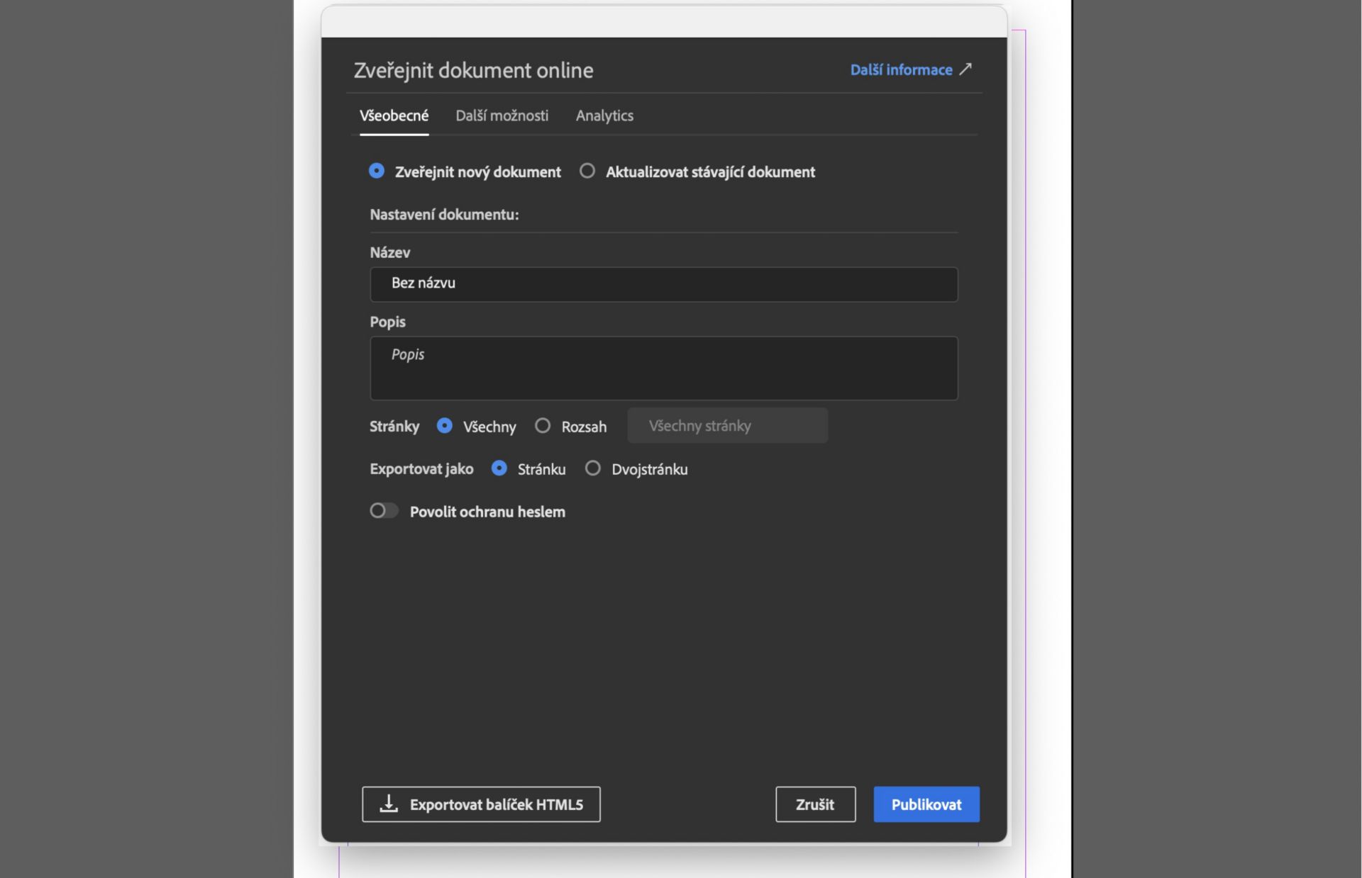Dialogové okno Publikovat online