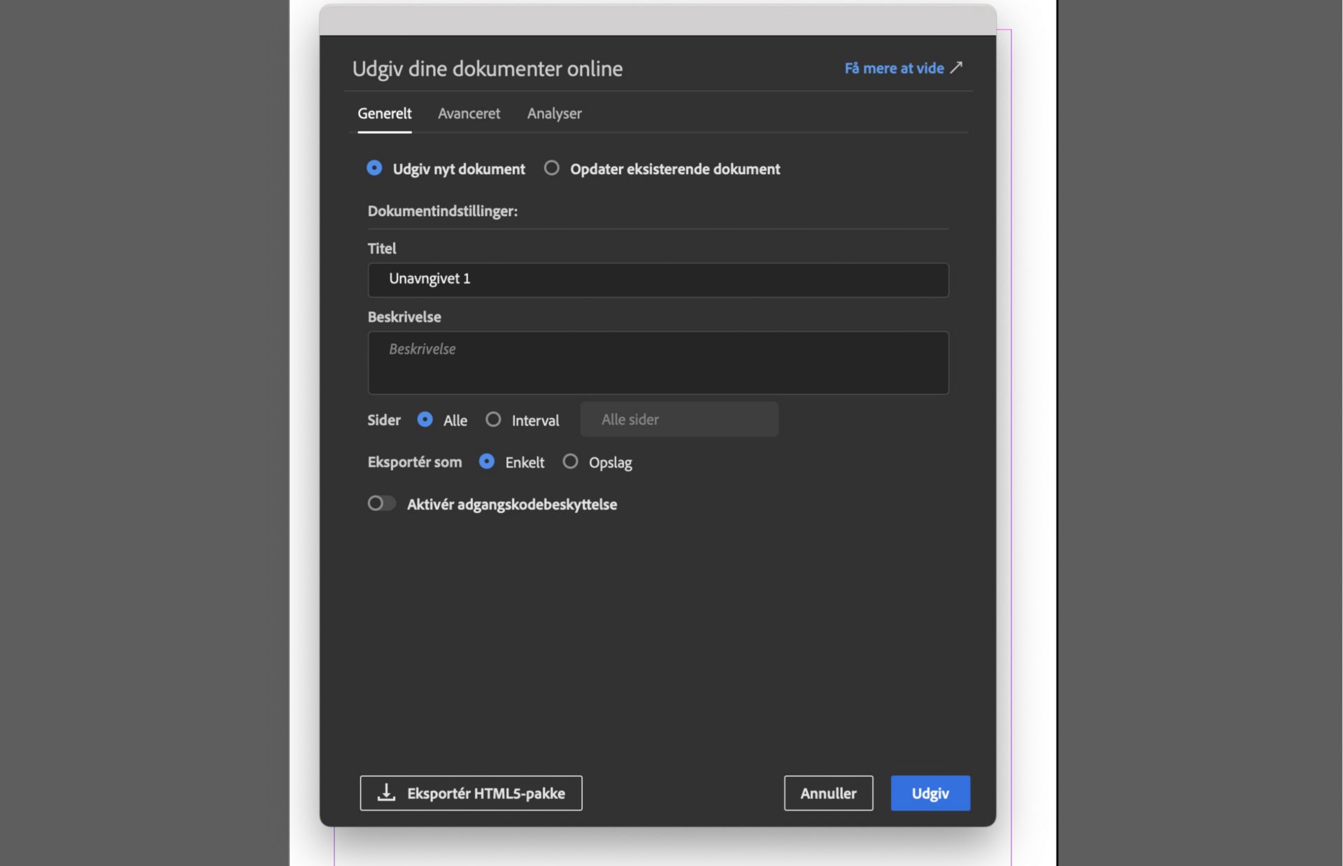Dialogboksen Publish Online