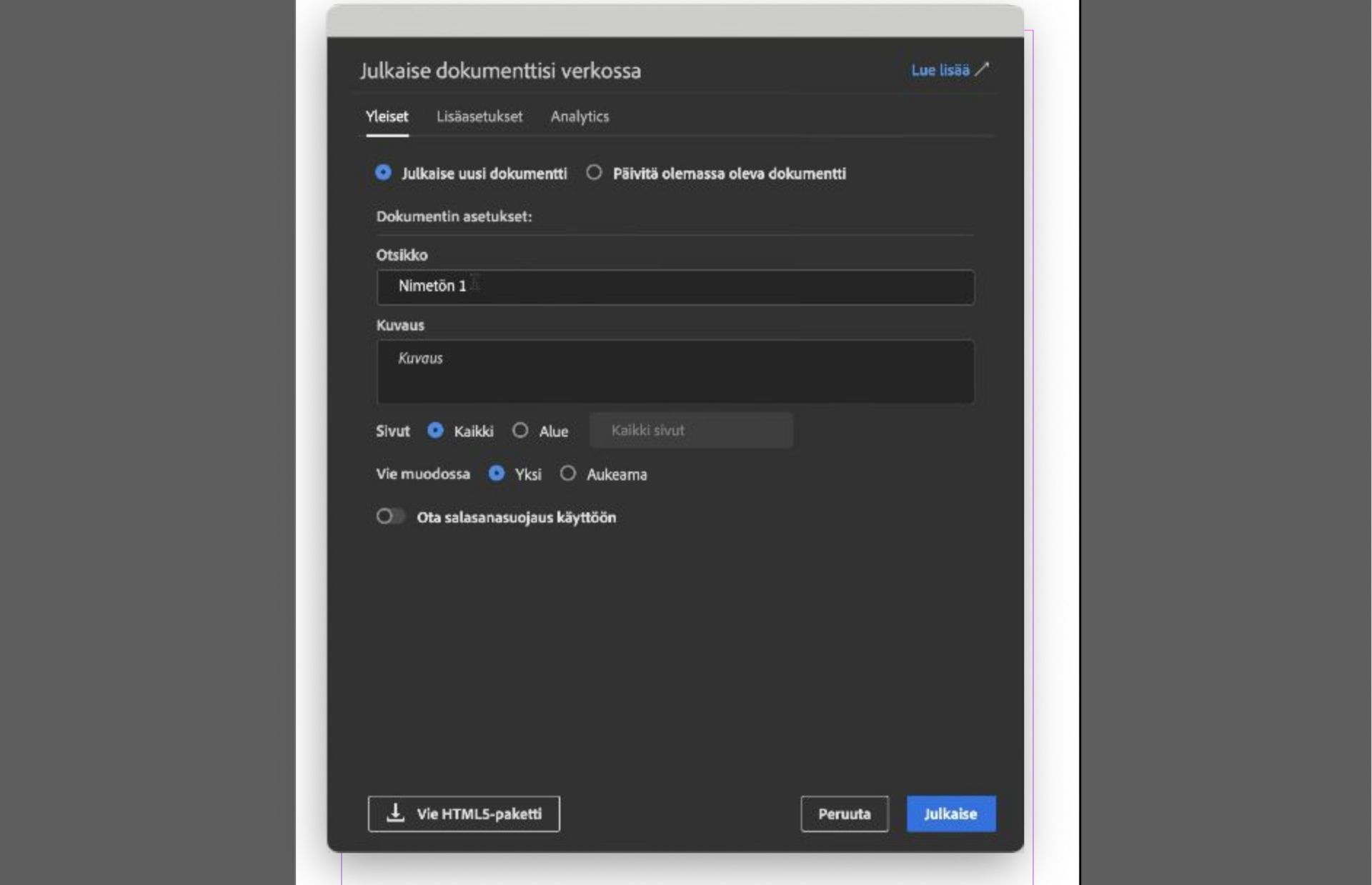 Publish Online ‑valintaikkuna