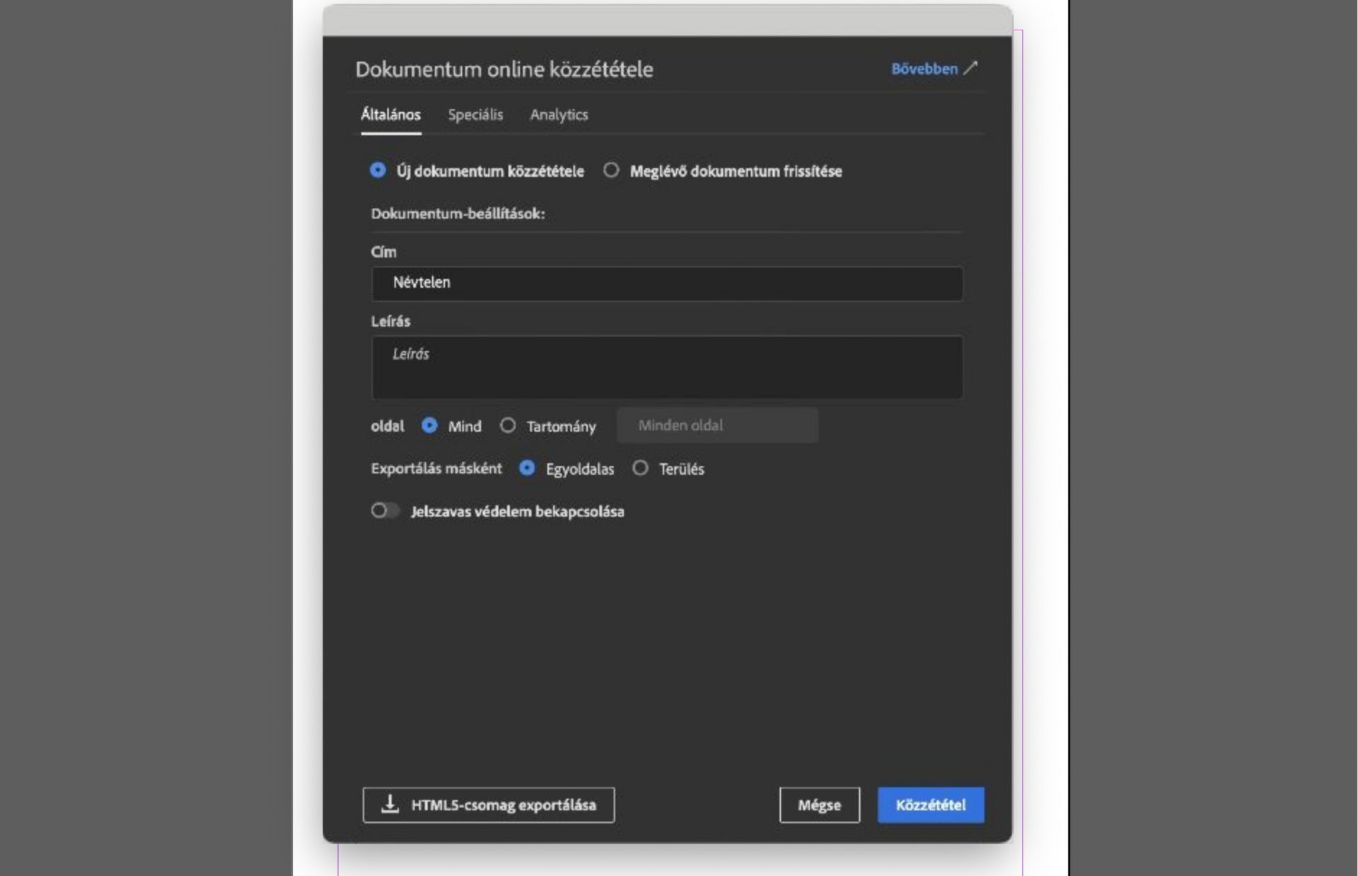 Online közzététel párbeszédpanel
