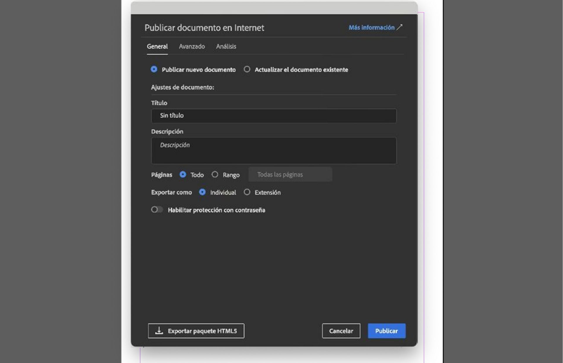 Cuadro de diálogo Publish Online