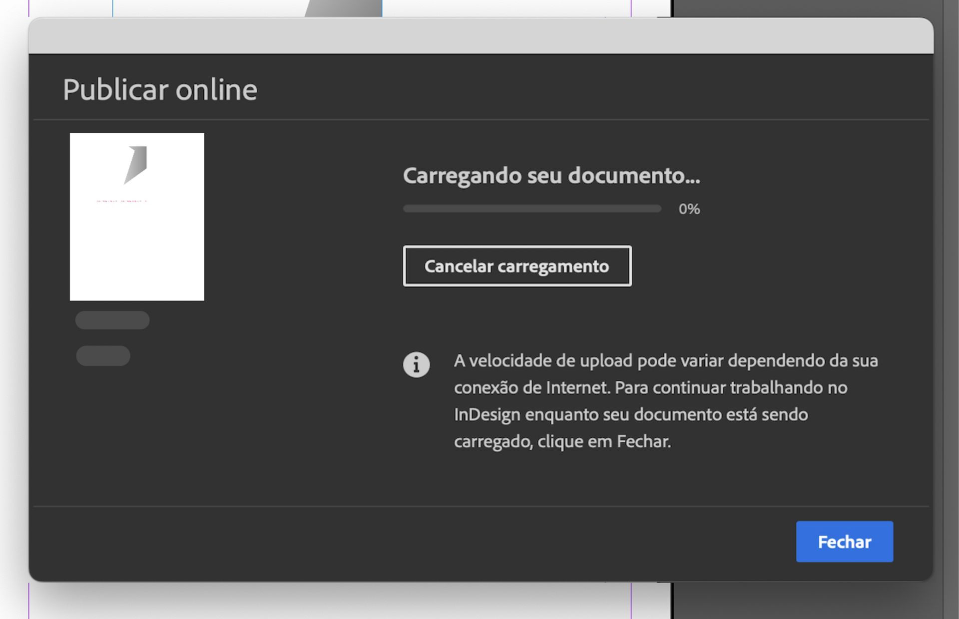 Uma captura de tela mostrando que o upload do documento está em andamento.
