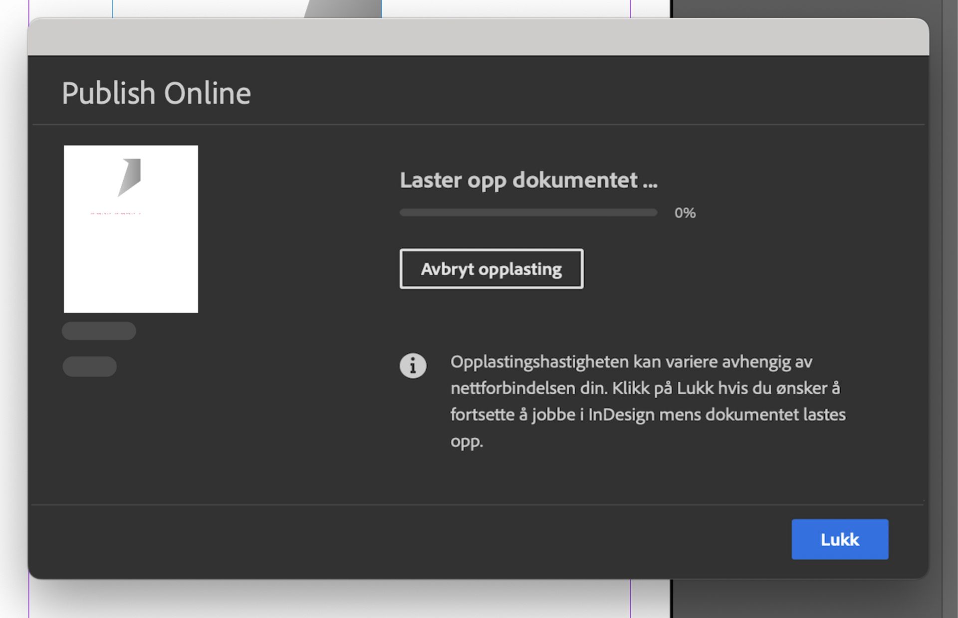 Et skjermbilde som viser at dokumentopplastingen pågår.