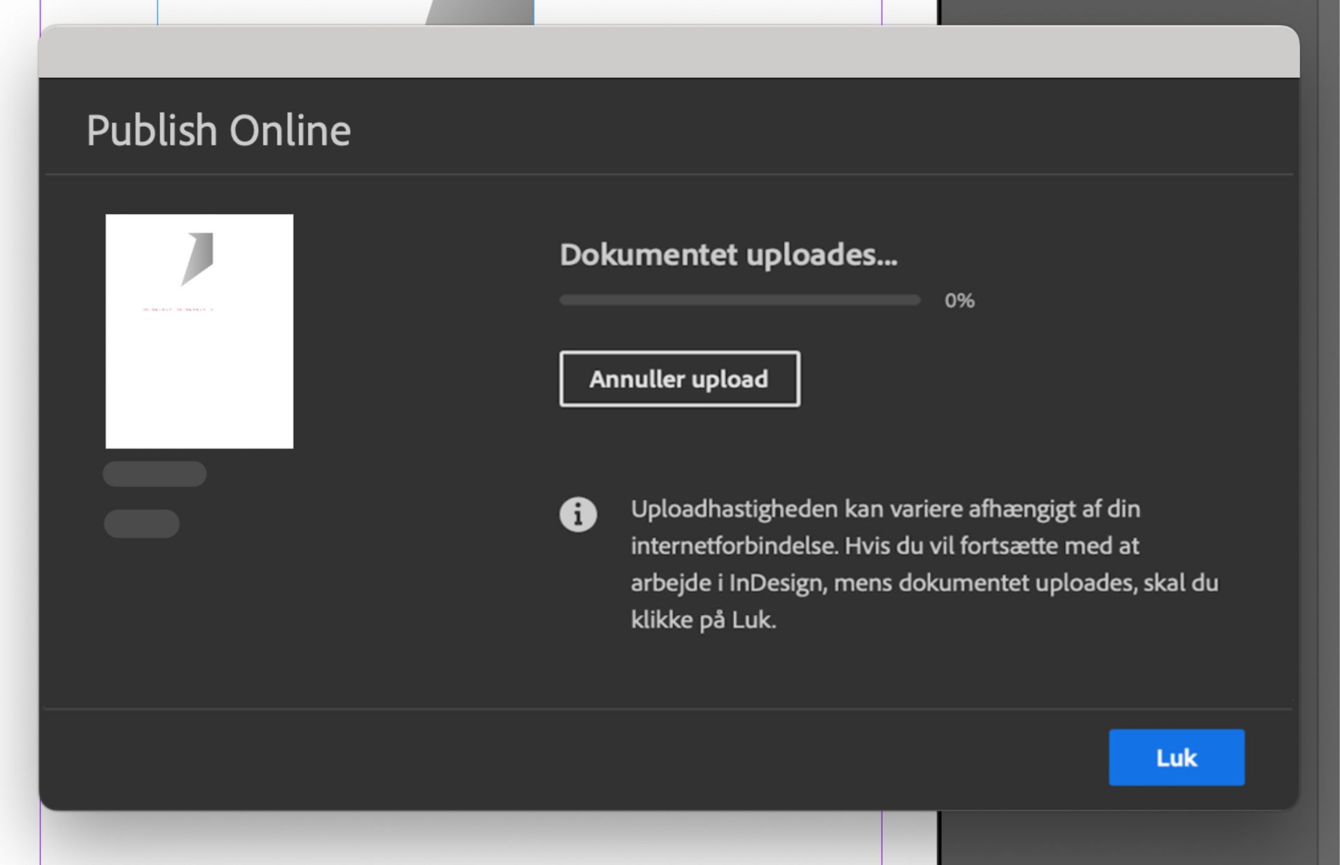 Et skærmbillede, der viser, at dokumentoverførslen er i gang.