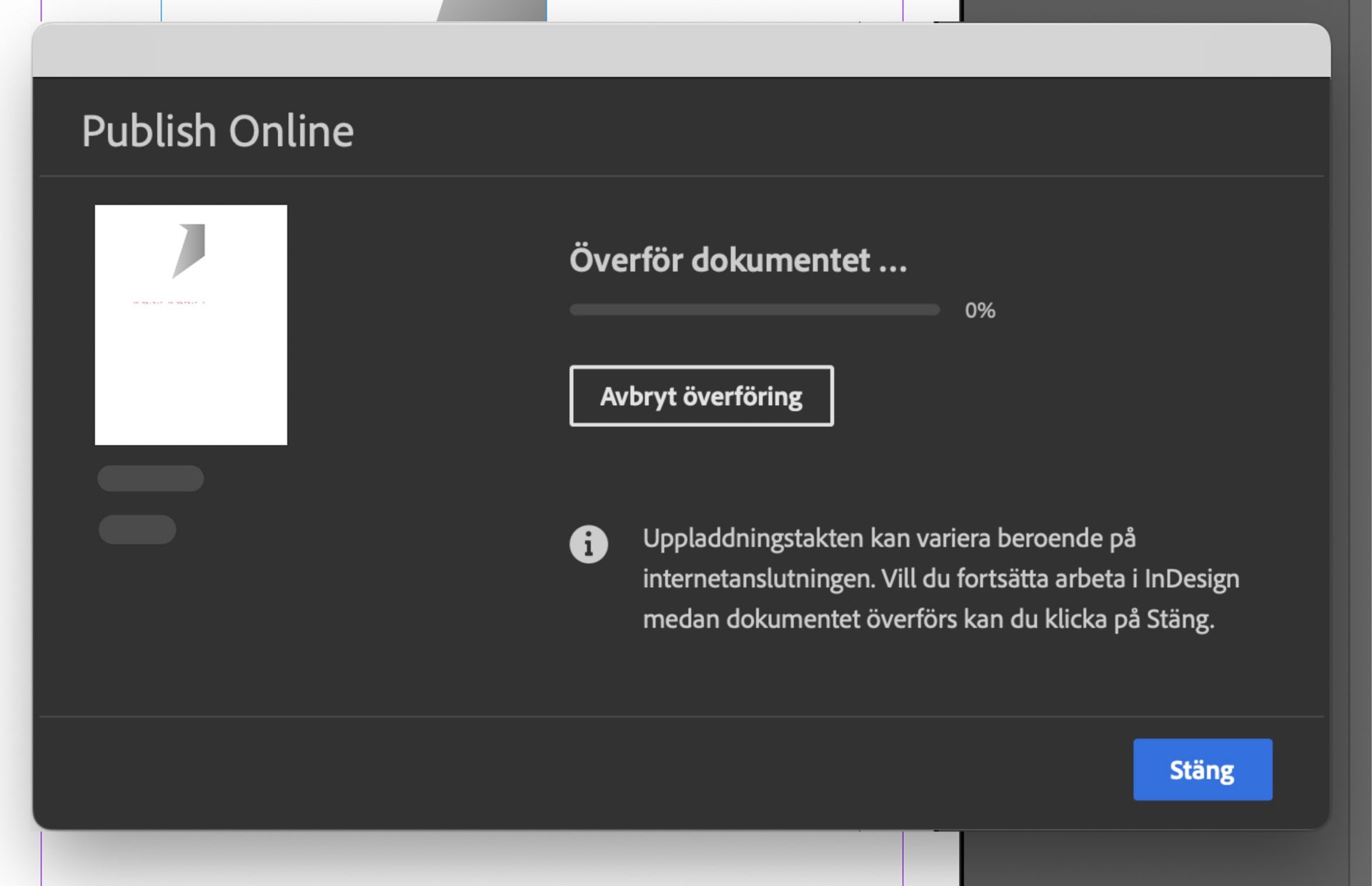 En skärmbild som visar hur dokumentöverföringen fortskrider.