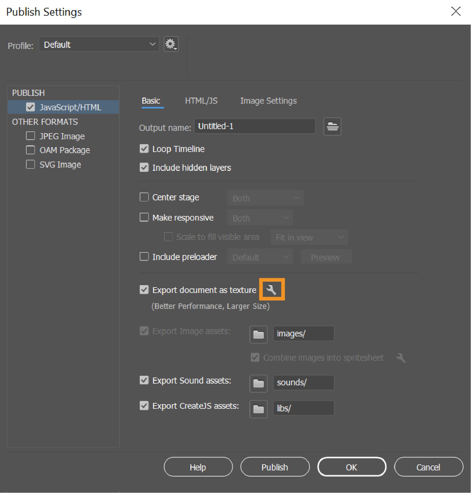 Opzione Esporta documento come texture abilitata