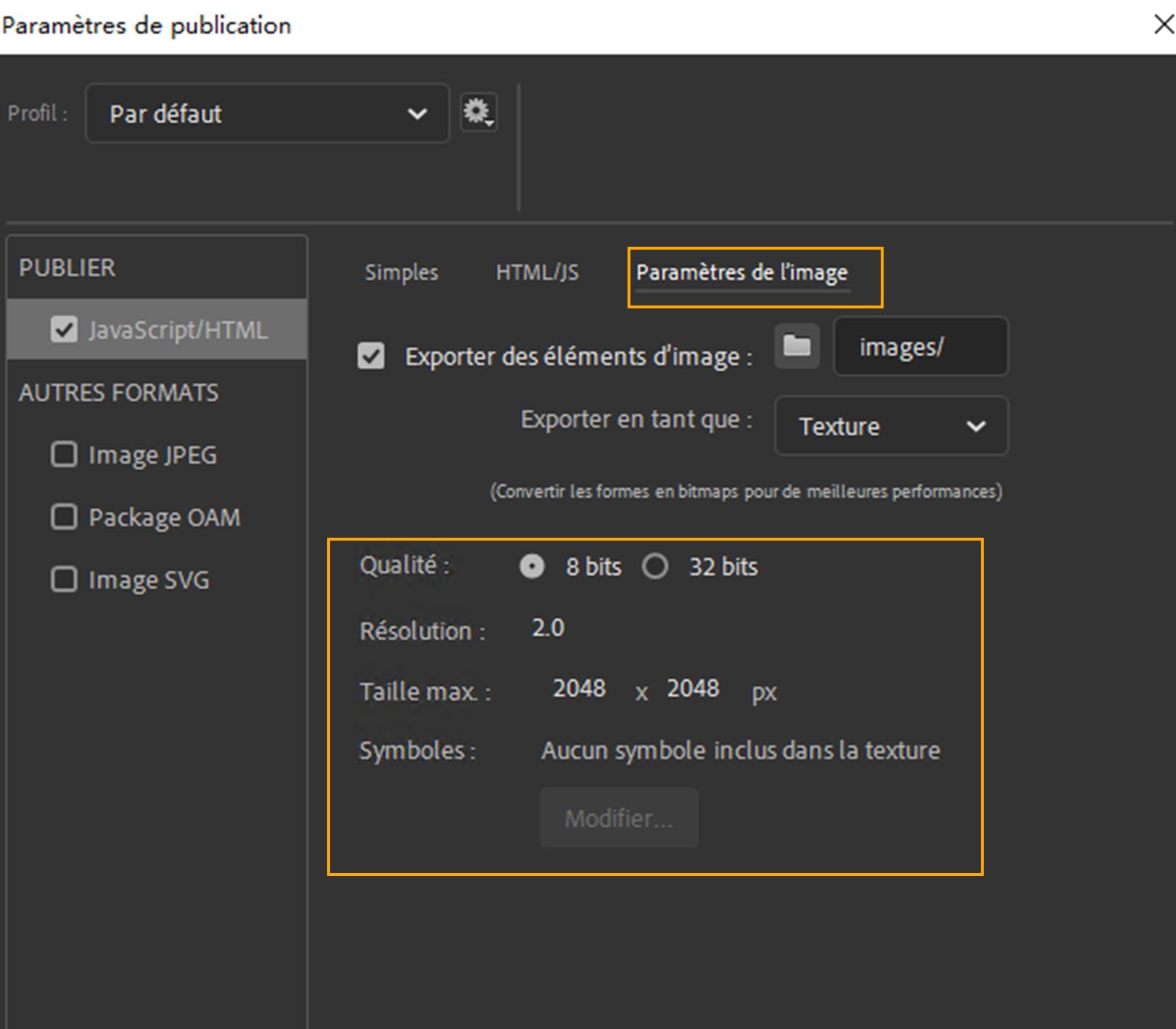 Exporter le document comme texture activé