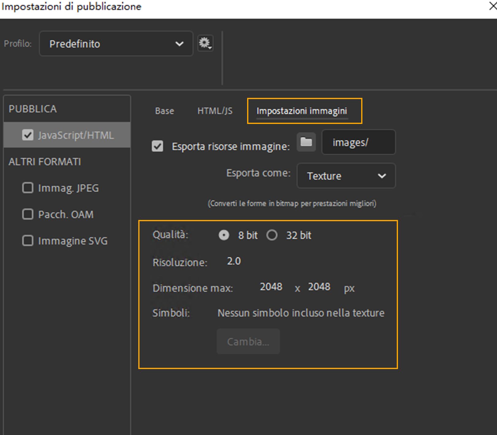 Opzione Esporta documento come texture abilitata