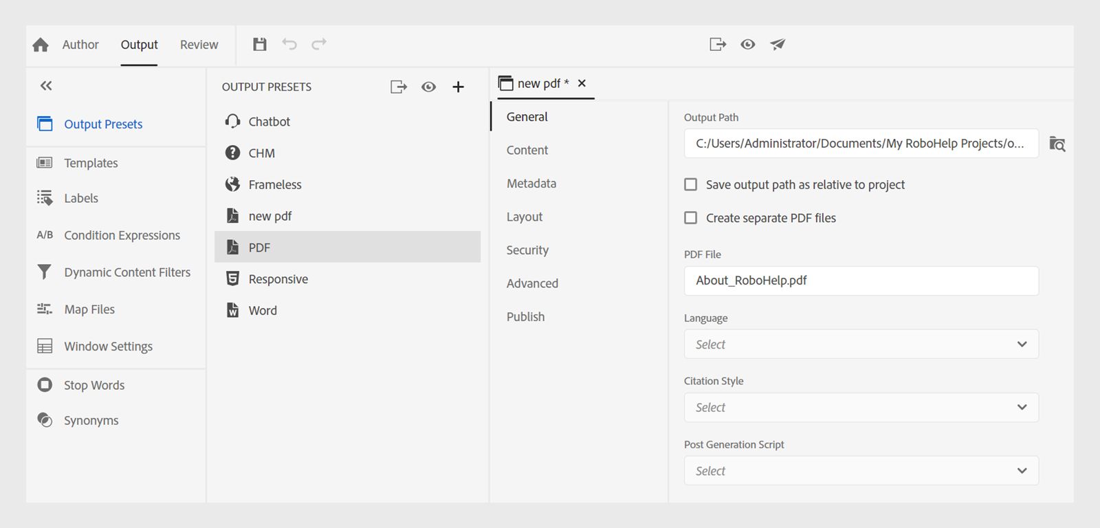 publish pdf output