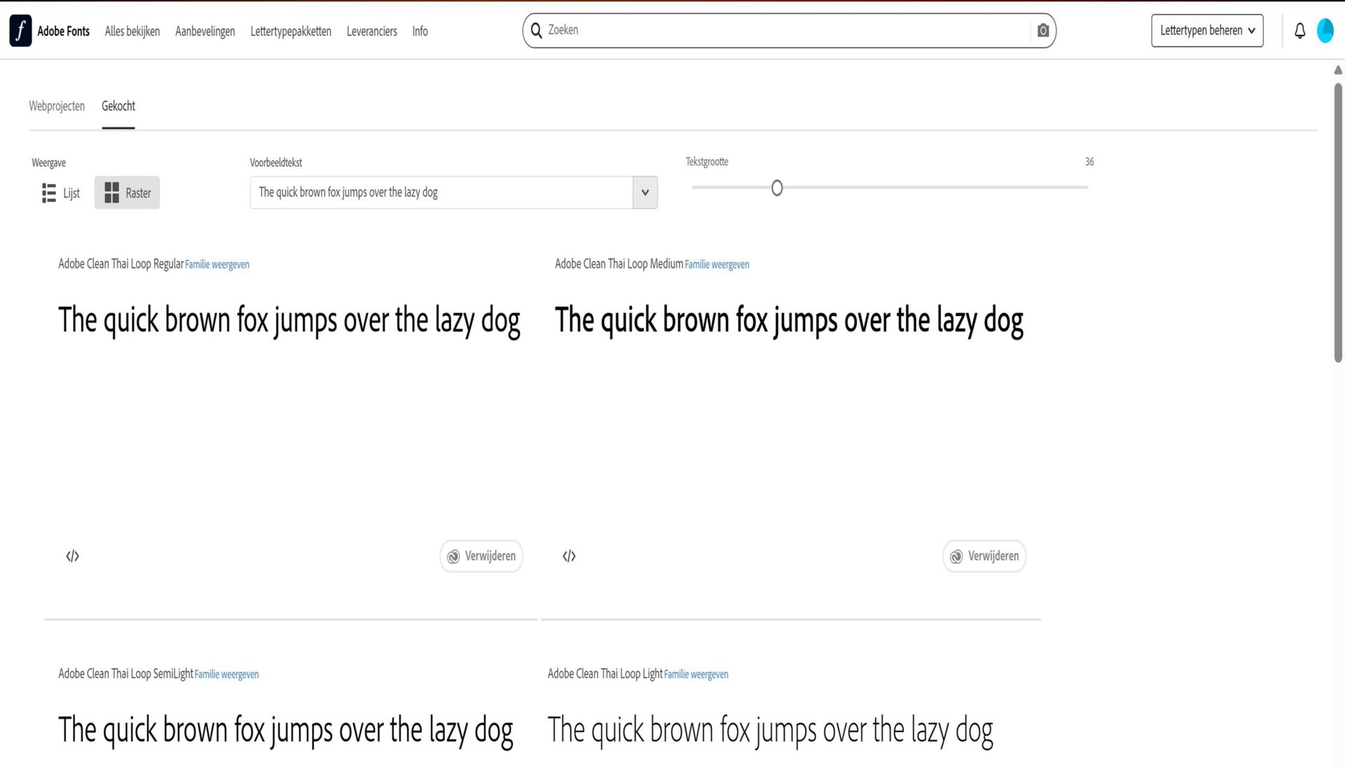 Gekochte lettertypen worden weergegeven