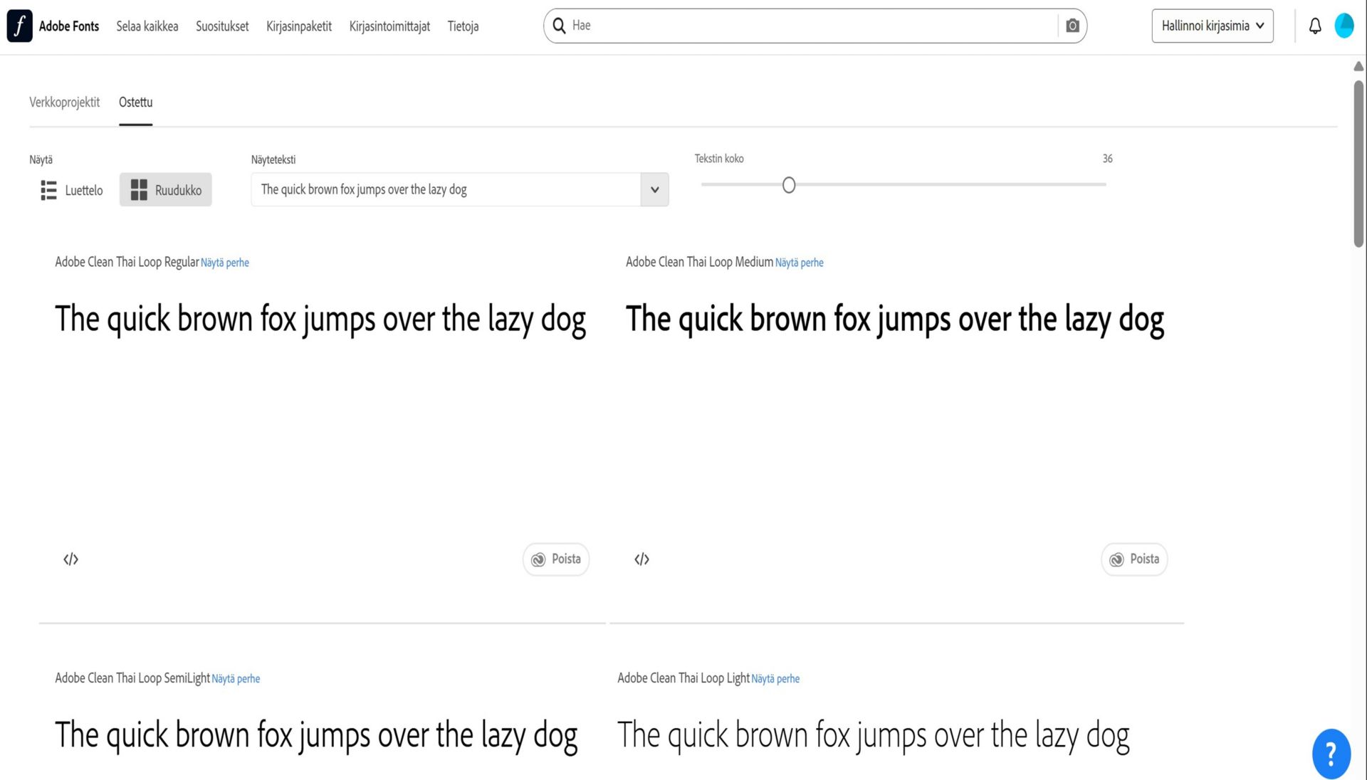 ostetut kirjasimet luettelona