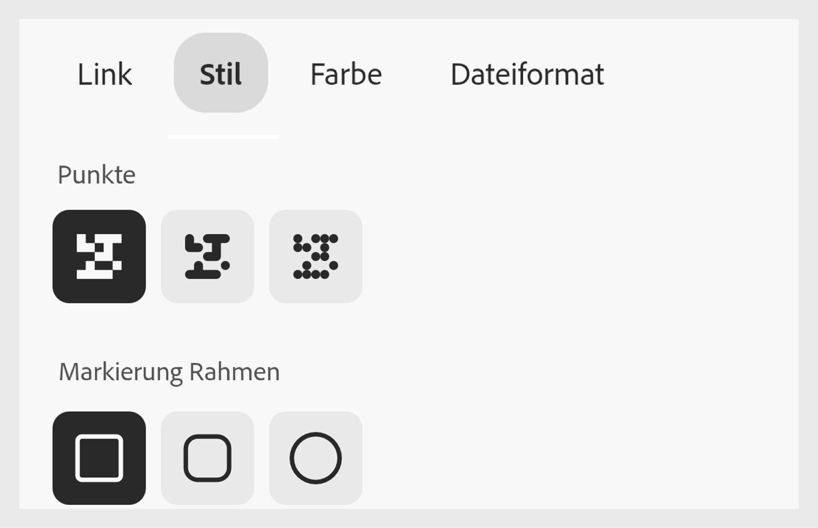 Das Bedienfeld für die Anpassung von QR-Codes in Adobe Express. Auf der Registerkarte Stil werden Optionen für Punktstile, Markierungsränder und die Form der Markierungsmitte angezeigt.