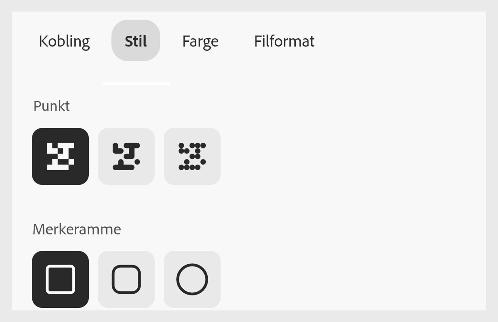 Tilpasningspanelet for QR-koden i Adobe Express viser alternativer for prikkstil, kanter og midtdeler i Stil-fanen.