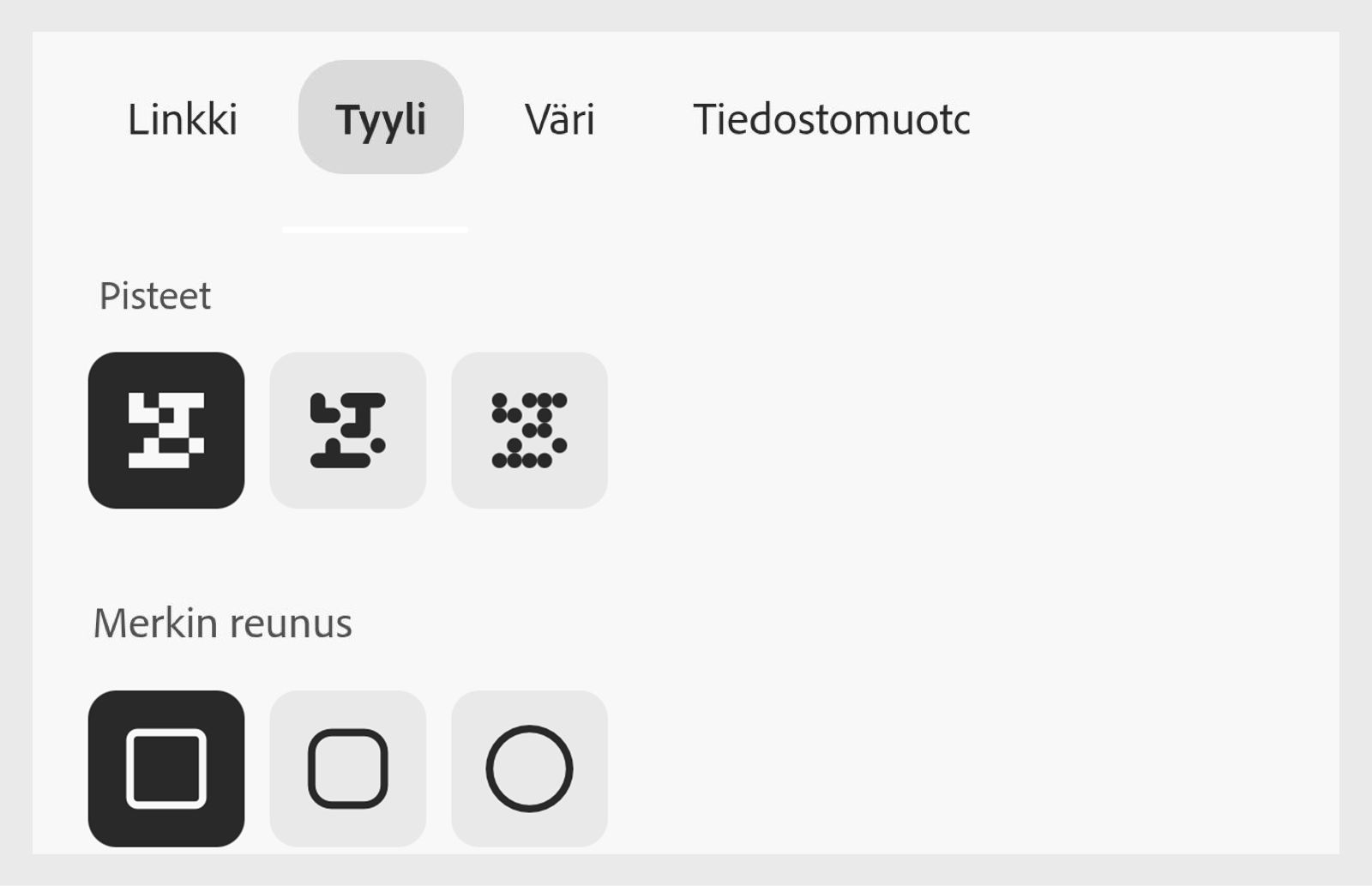 QR-koodin mukautuspaneeli Adobe Expressissä. Paneelin Tyyli-osiossa näkyvät asetukset pisteiden tyylin, merkin reunuksen ja merkin keskustan muodon määrittämiseksi.