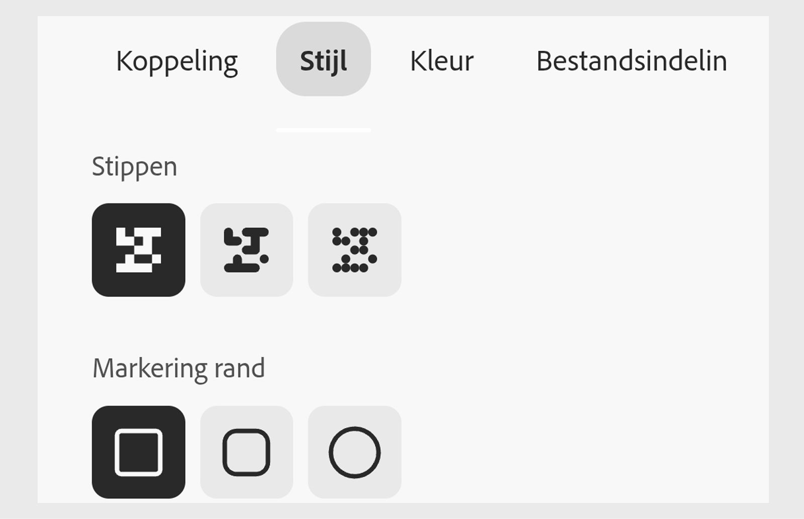 Het aanpassingsdeelvenster voor de QR-code in Adobe Express, met opties voor puntstijlen, markeringsranden en vormen voor het midden van de markering op het tabblad Stijl.