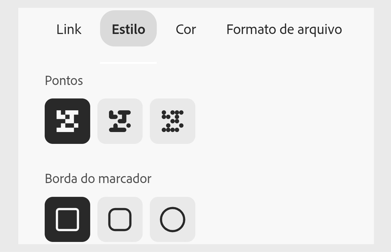 O painel de personalização de QR Code no Adobe Express, exibindo opções para estilos de pontos, bordas de marcadores e formas centrais de marcadores na guia Estilo.