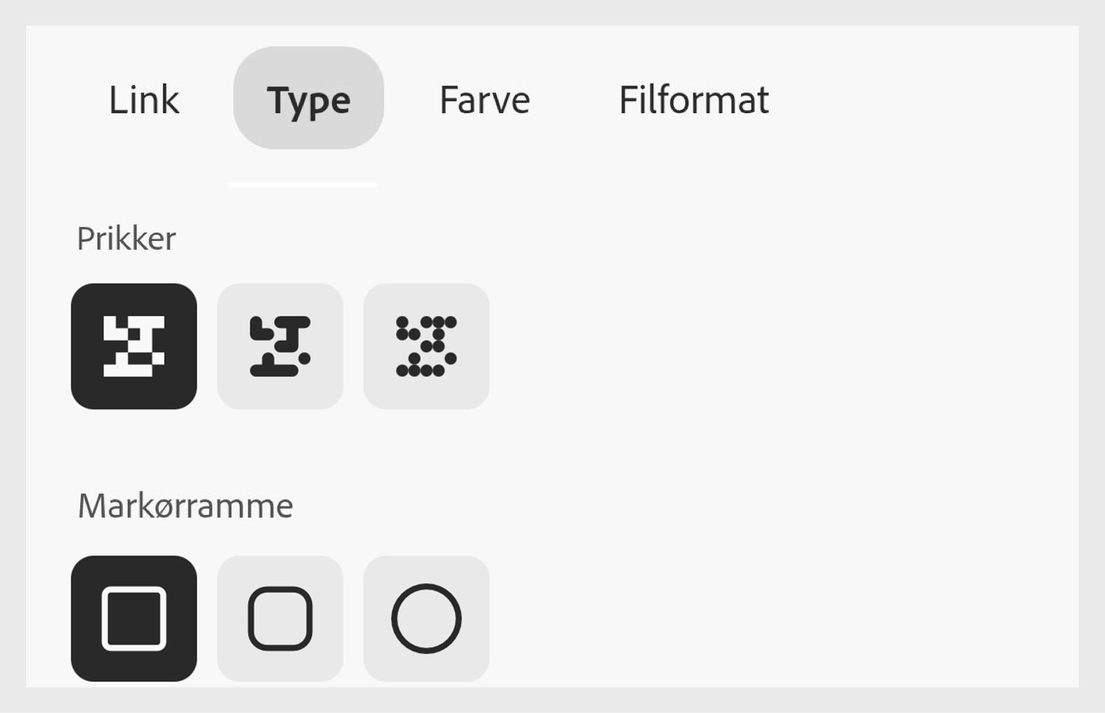 Tilpasningspanelet med QR-kode i Adobe Express, der viser indstillinger for prikstile, markørgrænser og markørcenterforme på fanen Format.