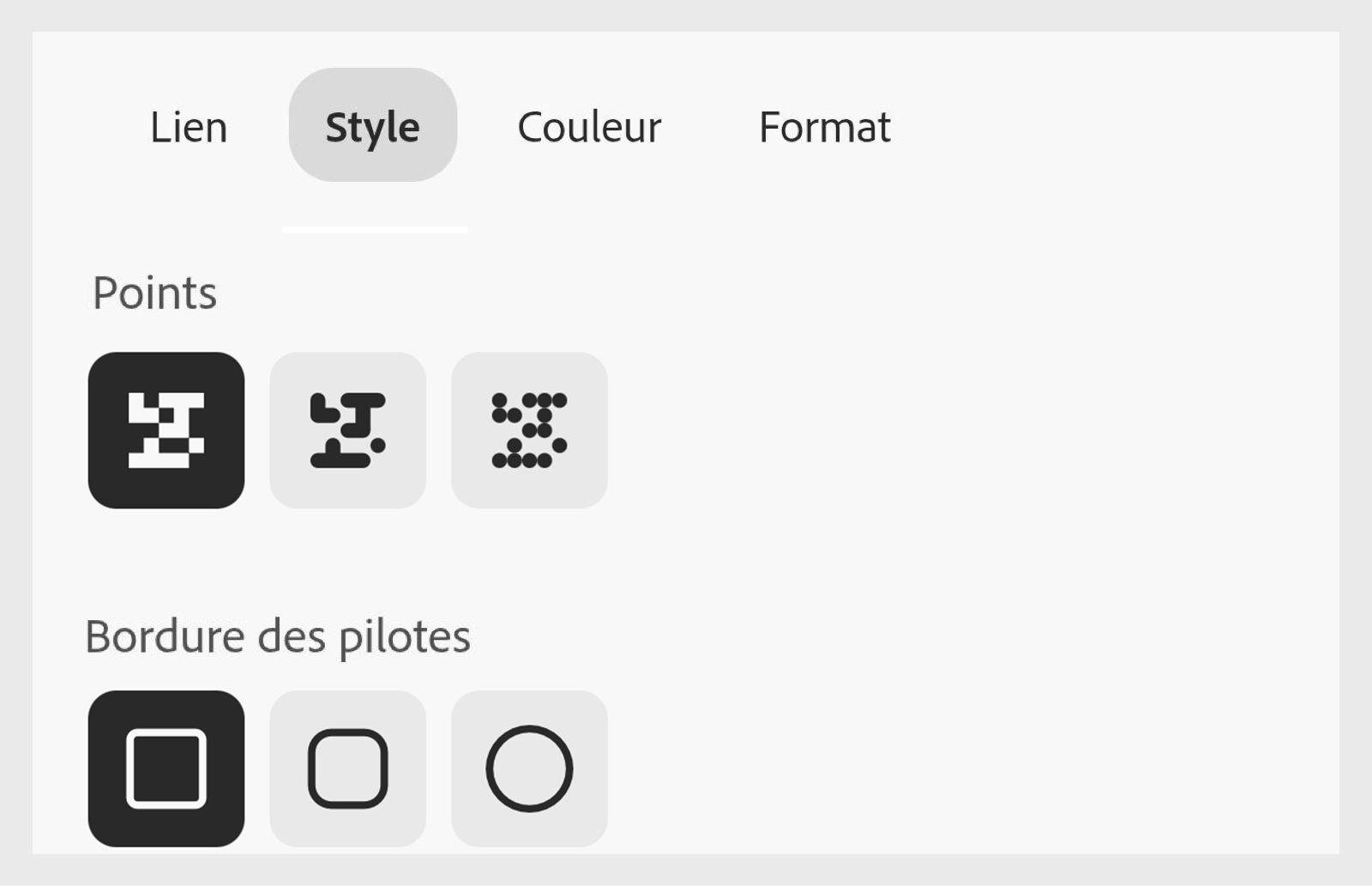 Le panneau de personnalisation d’un code QR dans Adobe Express, affichant les options pour les styles de points, les bordures des marqueurs et les formes du centre des marqueurs dans l’onglet Style.