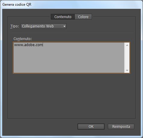 Finestra di dialogo Genera codice QR