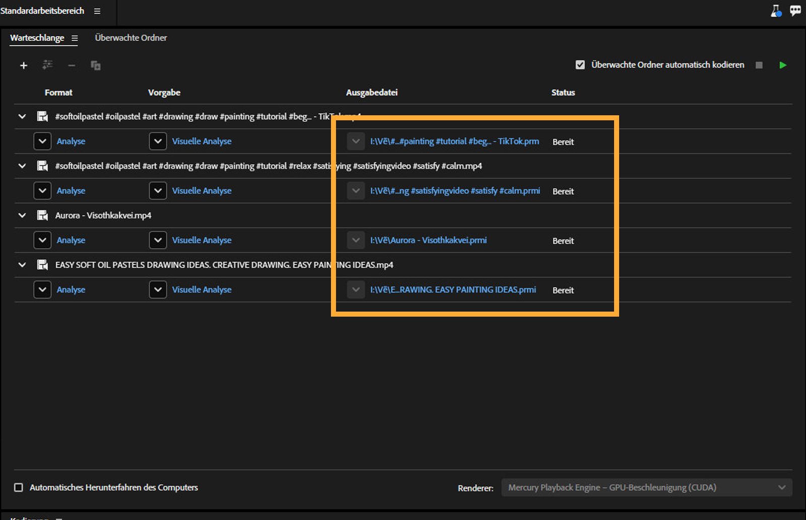 Das Bedienfeld „Warteschlange“ ist geöffnet und die Option „Analyse“ ist für ein Medienformat hervorgehoben. 