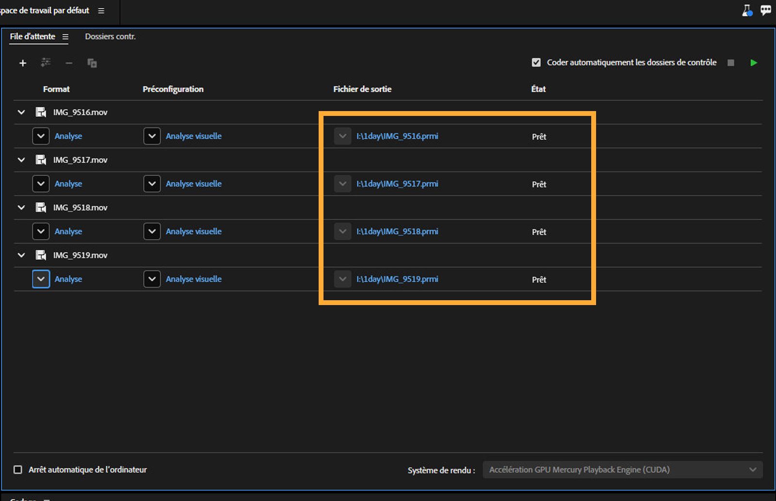Le panneau File d’attente s’ouvre et l’option Analyse est mise en surbrillance pour un format multimédia. 