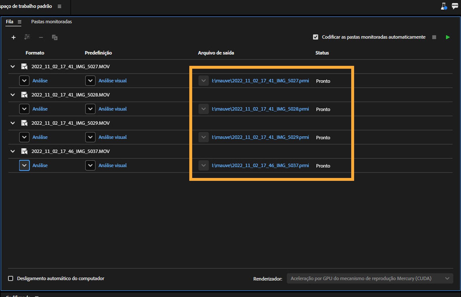O painel “Fila” aberto, com a opção de análise realçada para um formato de mídia. 