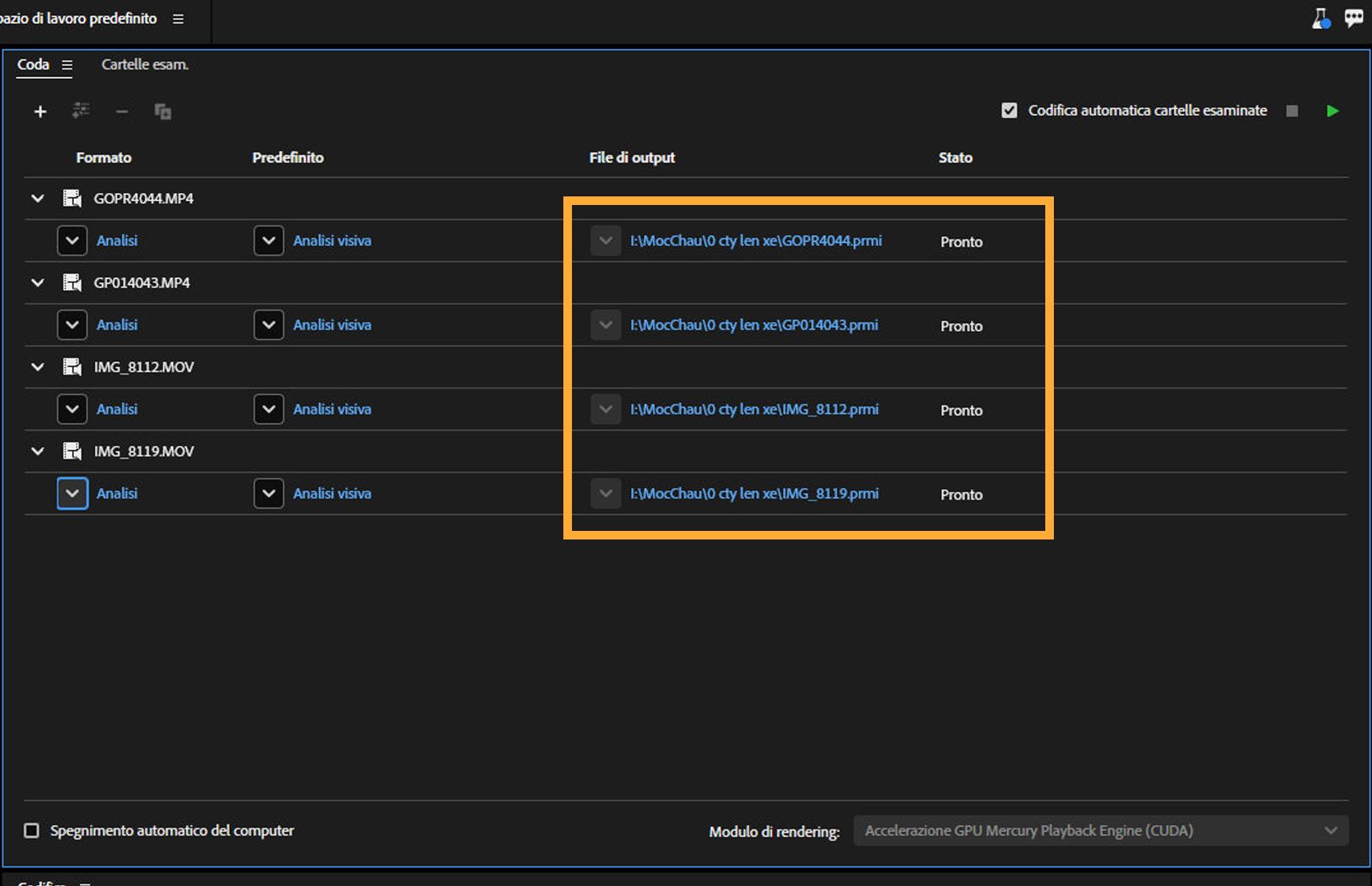 Il pannello Coda è aperto e l’opzione Analisi è evidenziata per un formato file multimediale. 