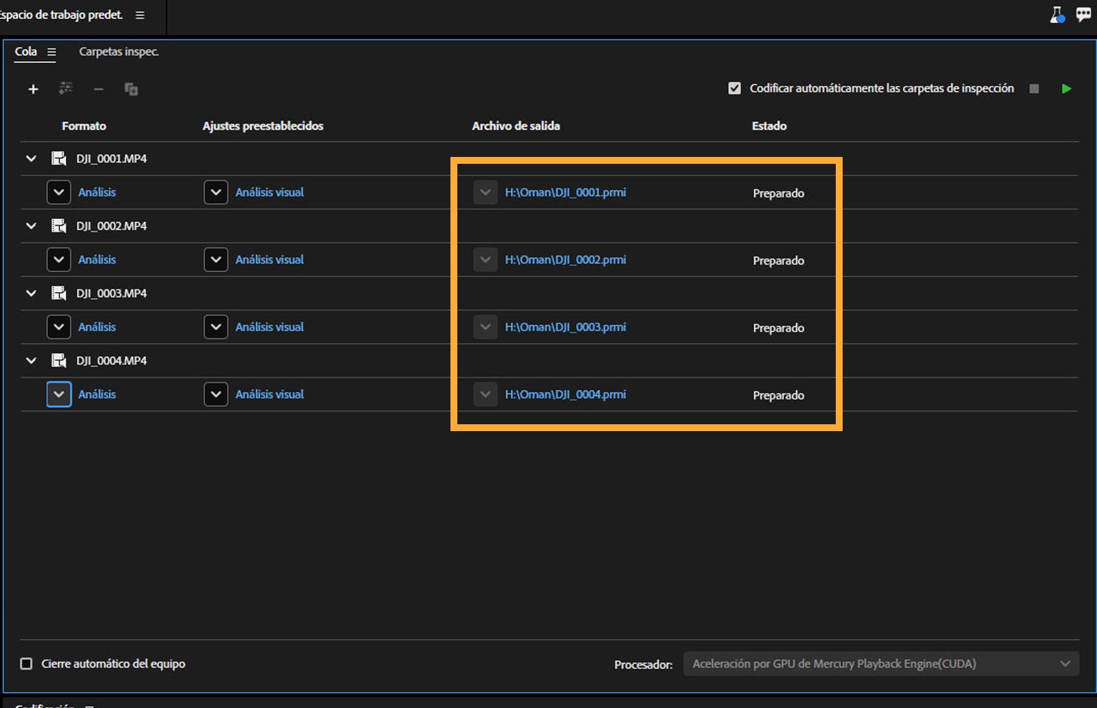 El panel Cola está abierto y la opción de análisis está iluminada para un formato de medios. 