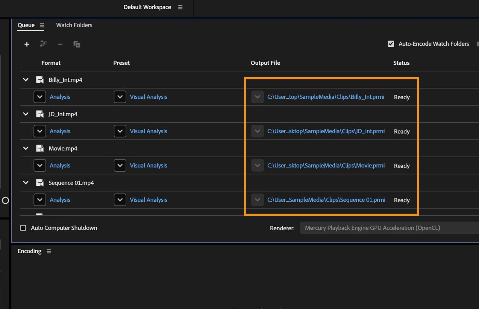 The Queue panel is open and the option Analysis is high lighted for a media format. 