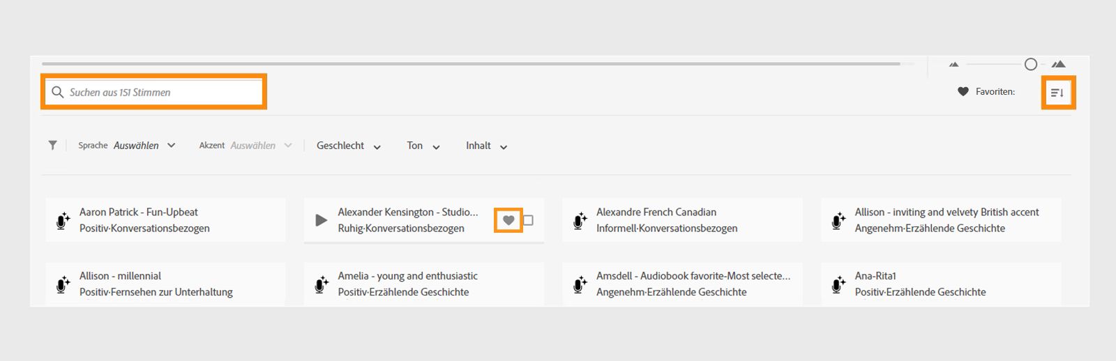 Verwenden der Schnellsuche-, Sortier- und Favoritenoptionen